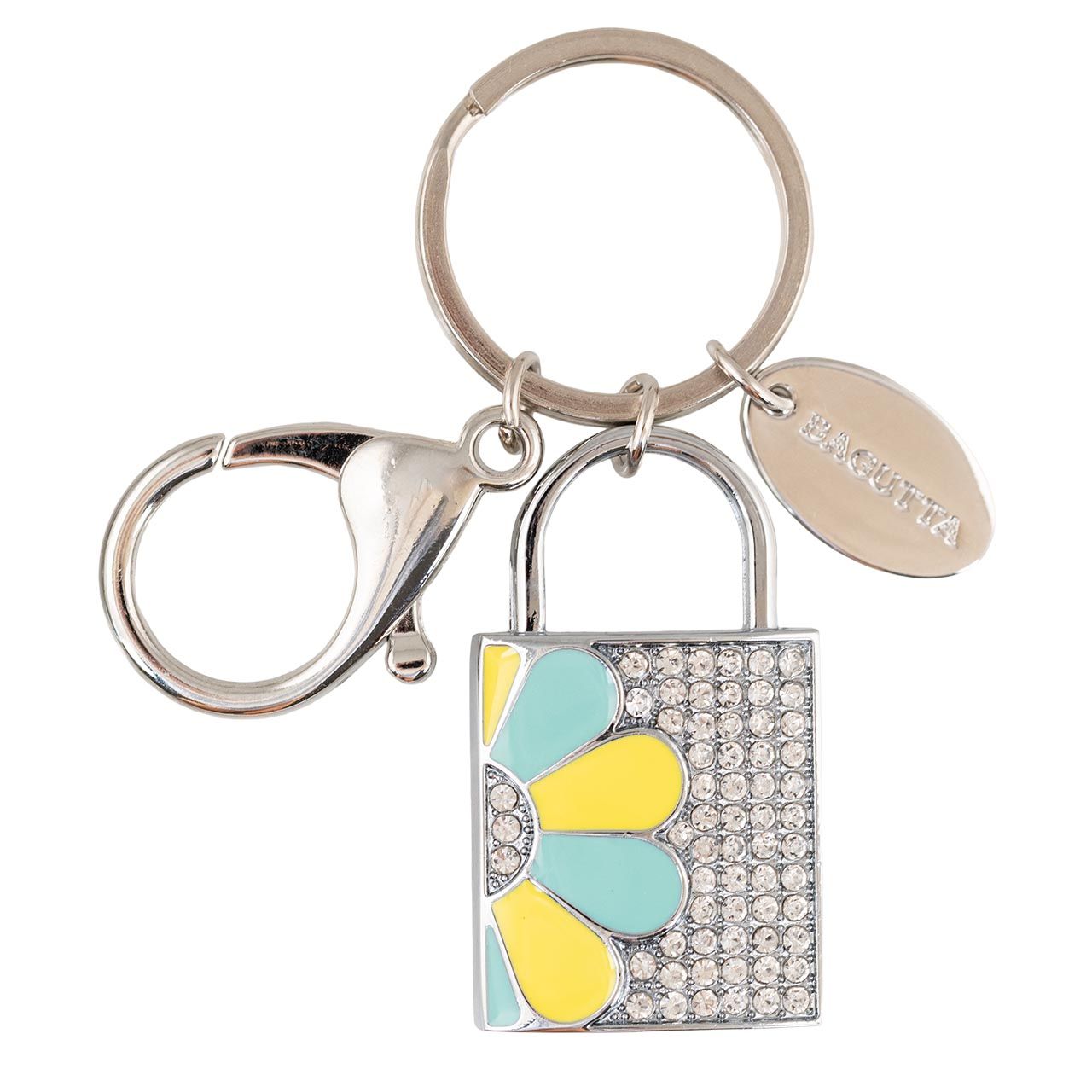 LUCCHETTO PORTACHIAVI USB FIORE AZZURRO/GIALLO DECORATO CON CRIS